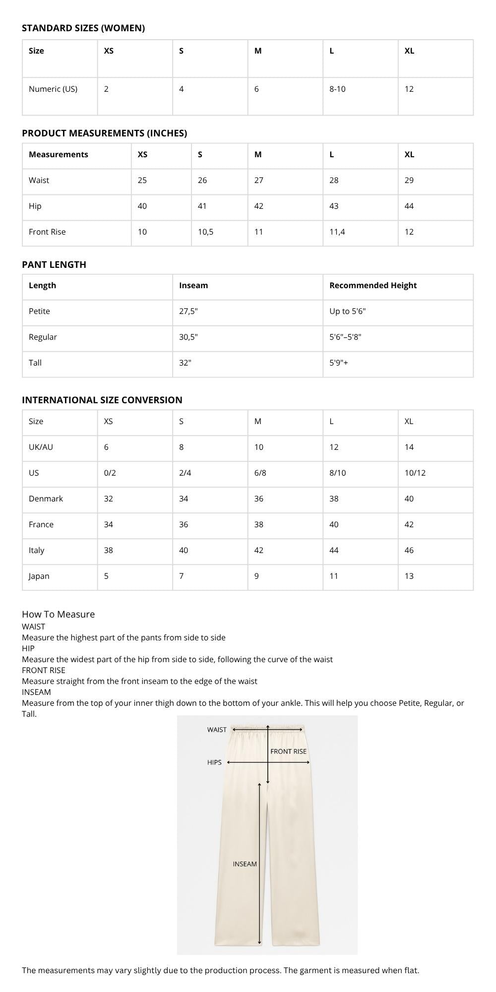 Size guide for Satin Pants